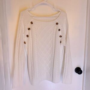White Cable Knit Sweater with Button Accents